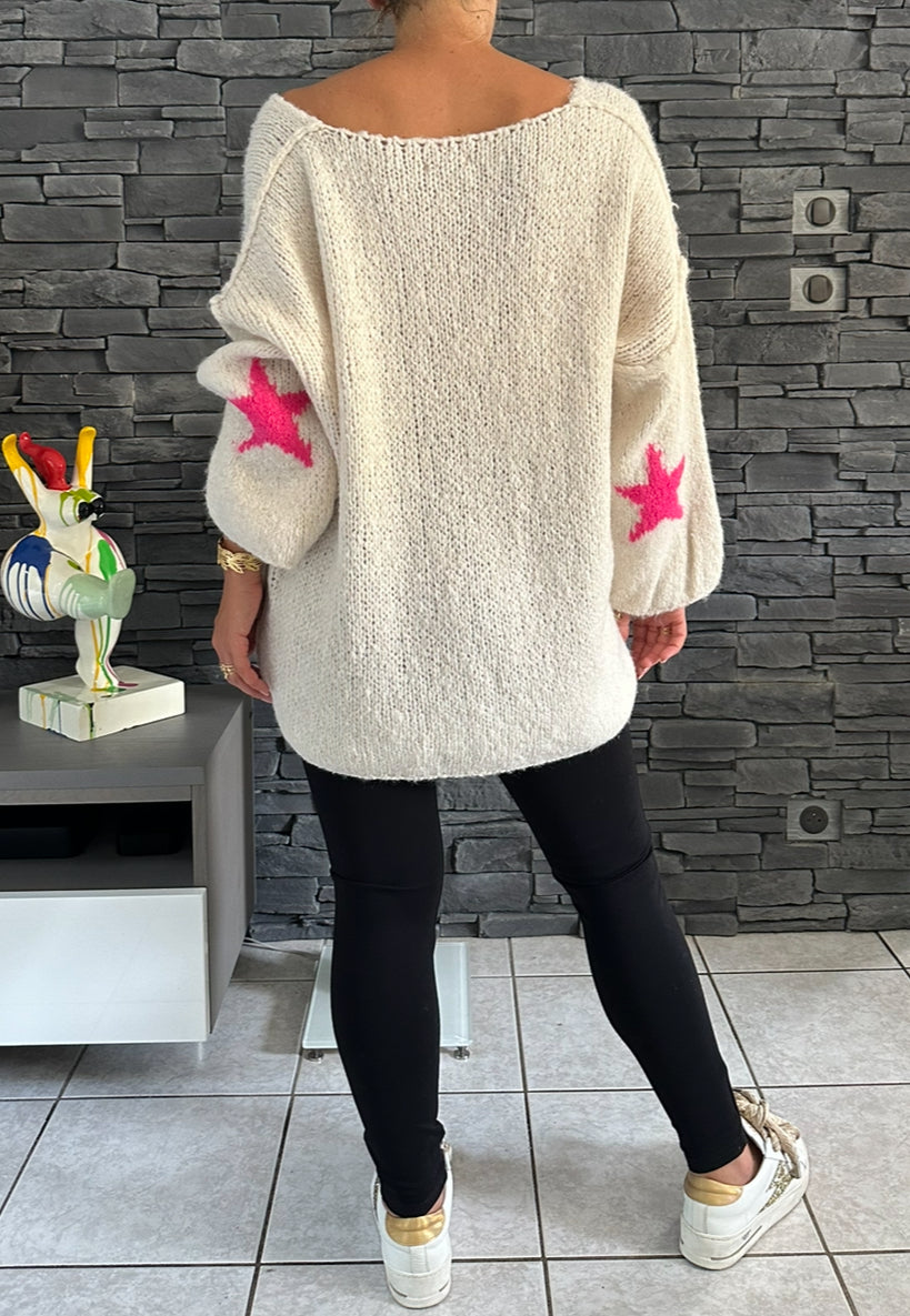 Pull Gabriel blanc et rose (taille unique jusqu'au 50)